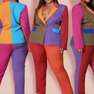 COLOR BLOCK BLAZER & PANT SET - PLUS💋💋💋